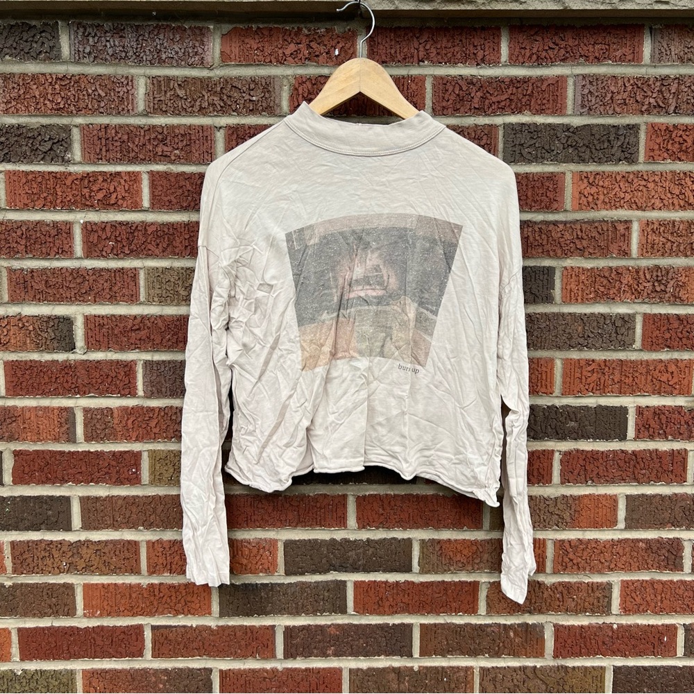 Aerie Tan Fireplace Burnin’ Up Graphic Mock Neck Long Sleeve Top